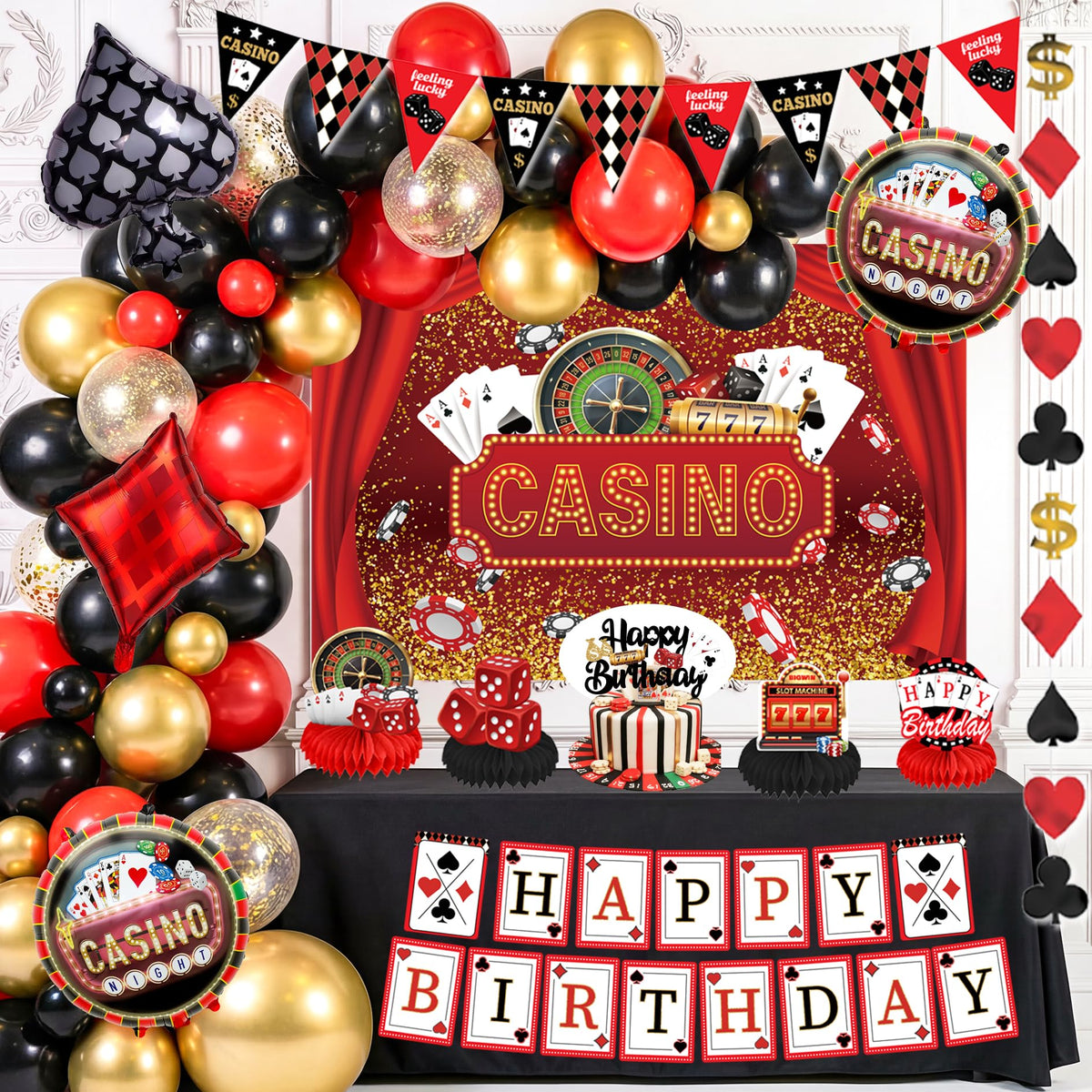 Jenlion casino backdrop with cards and dice for immersive Las Vegas style decor.