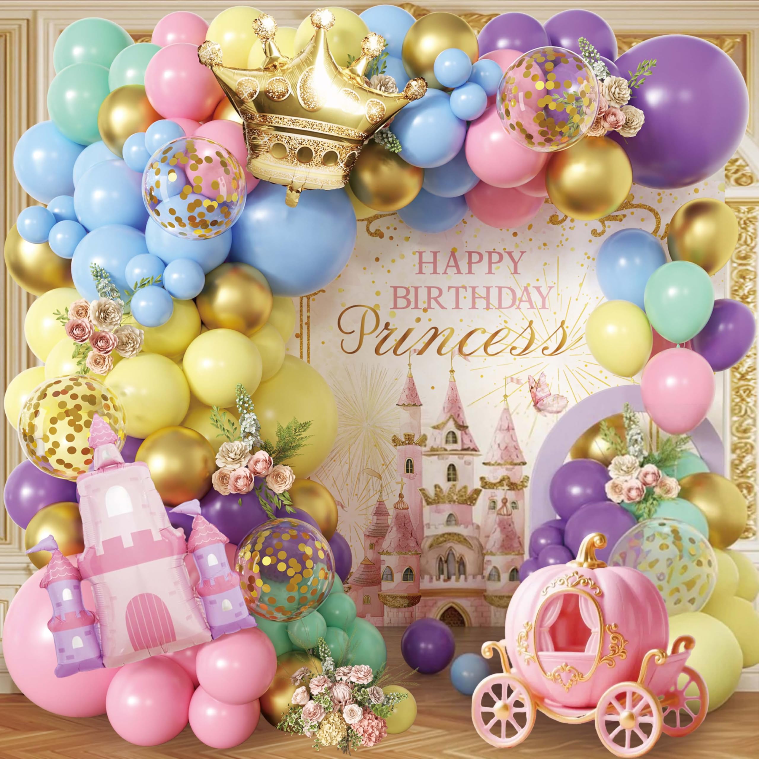 Jenlion princess balloon arch with pink castle centerpiece, ideal for a fairytale birthday backdrop.