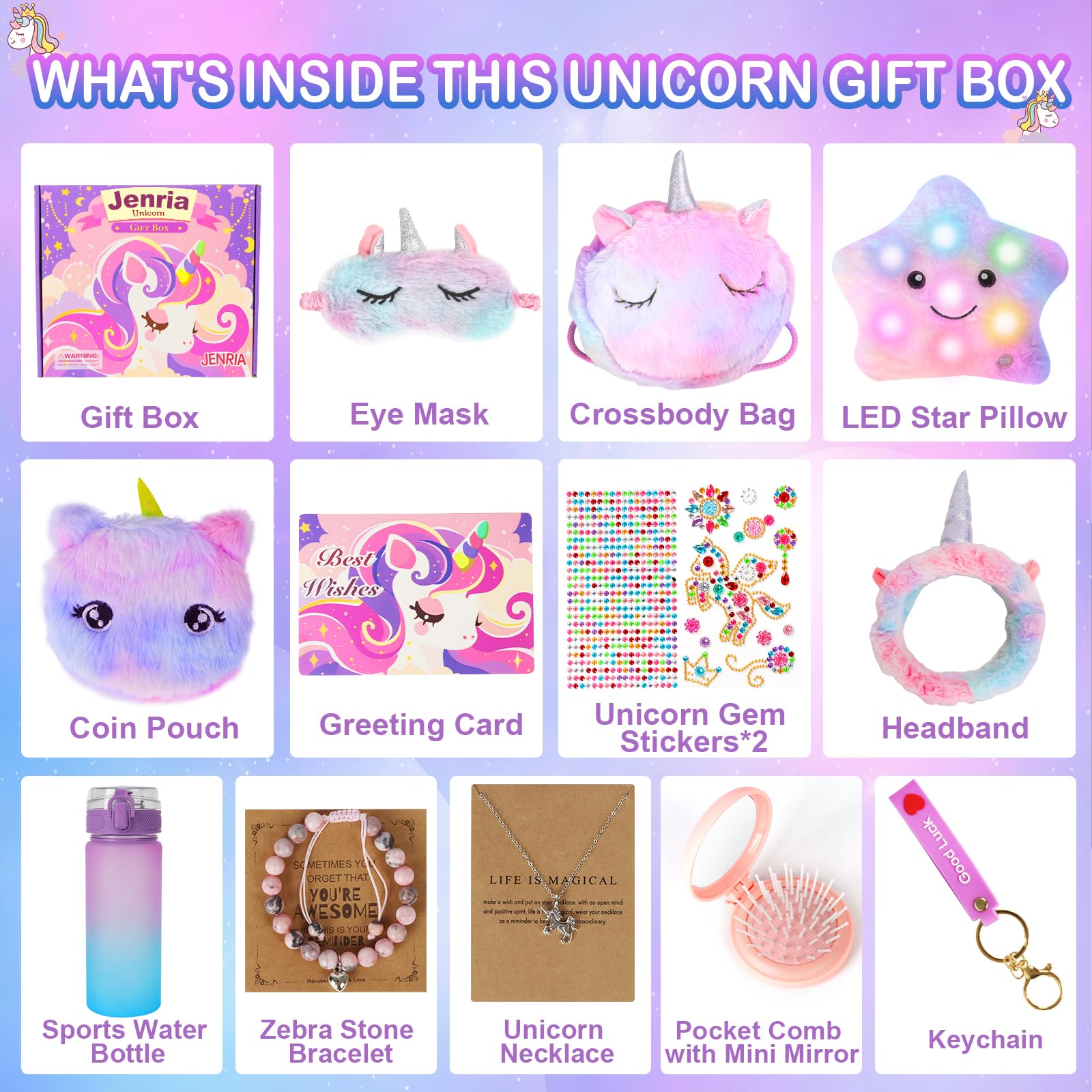 Jenria unicorn plush eye mask offering cozy comfort for bedtime and sleepovers.