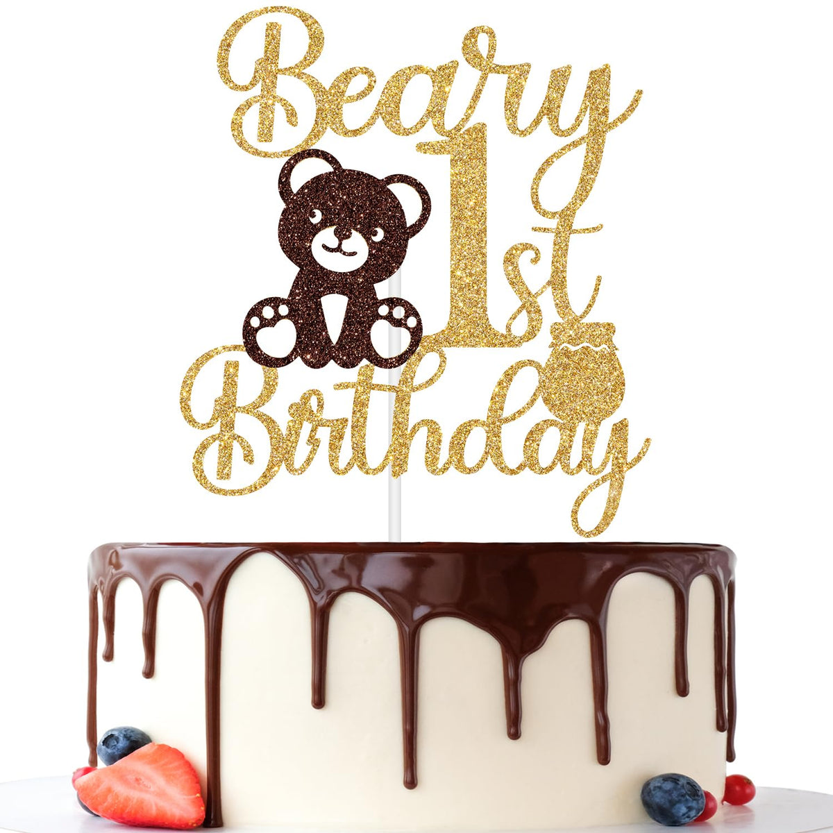 Jenrtvis Beary-1st-Birthday-Topper sparkles on the cake for a cute first celebration.