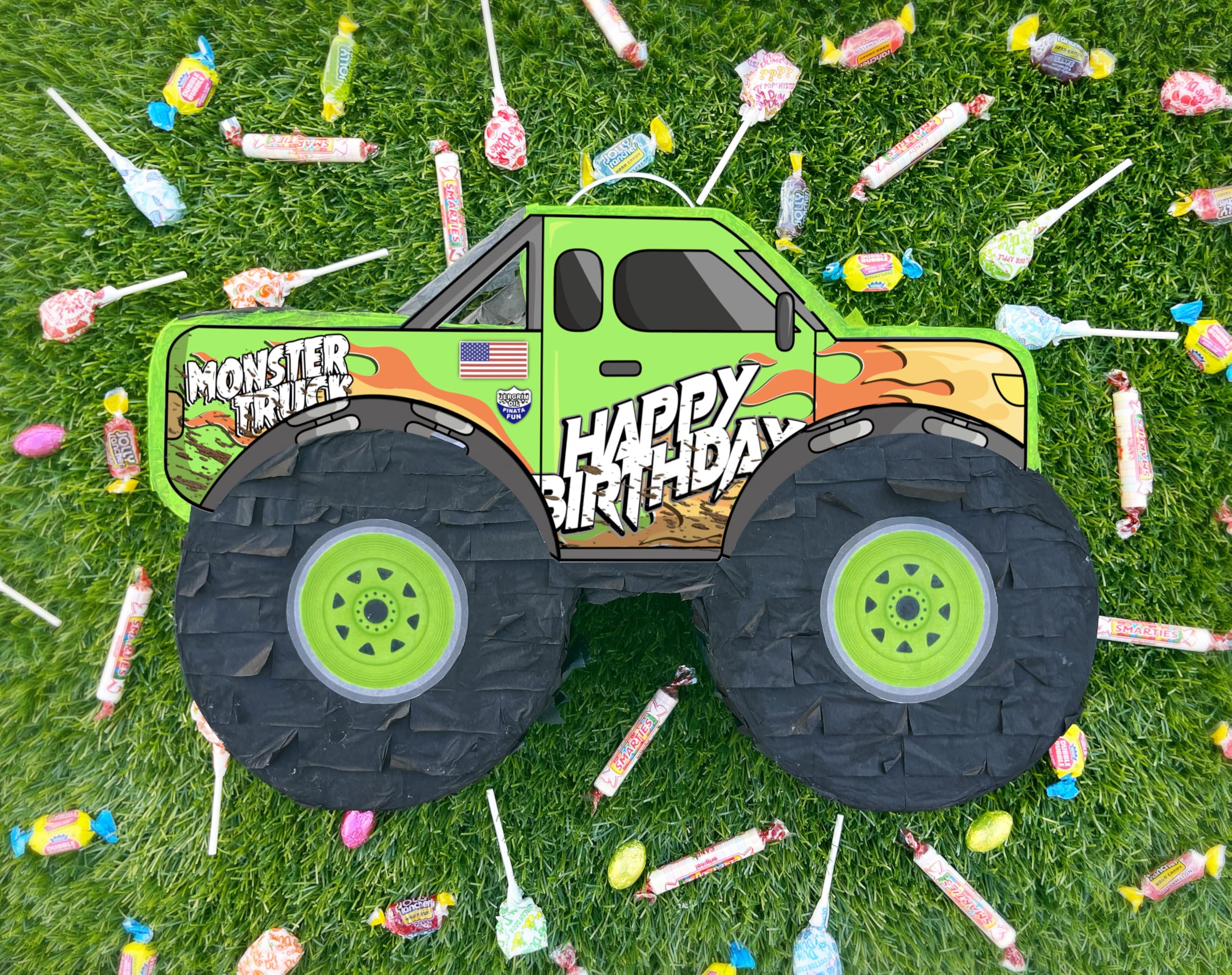 Jergrim Monster Truck Pinata decorative display bright colors for party decor.