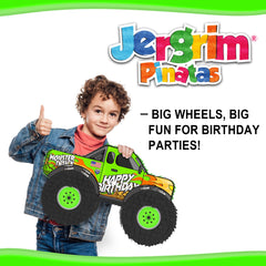 Jergrim Monster Truck Pinata dimensions 16x10x3 inches show scale.