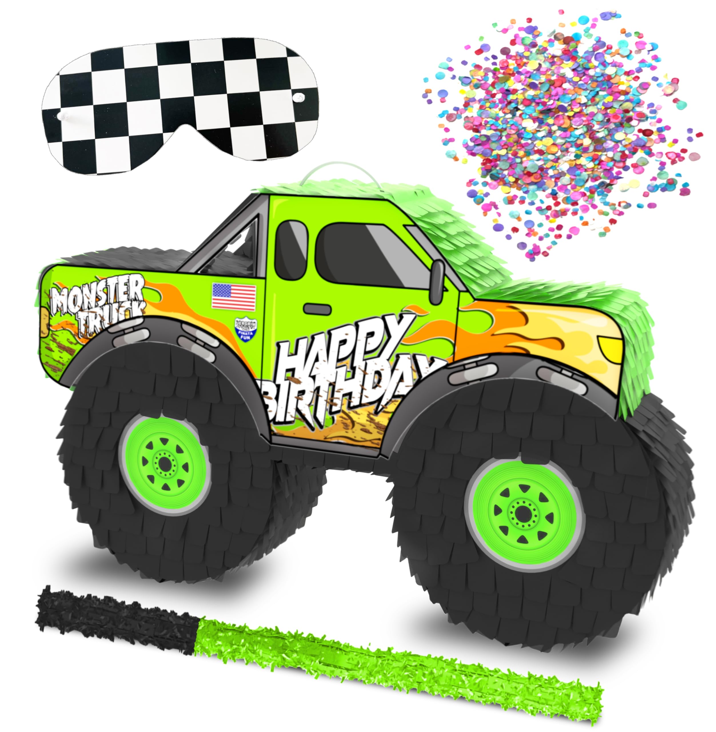 Jergrim Monster Truck Pinata kit assembly view shows durable recycled cardboard for lasting play.
