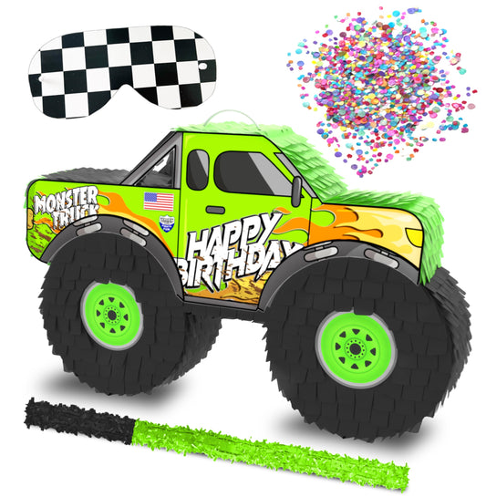 Jergrim Monster Truck Pinata kit assembly view shows durable recycled cardboard for lasting play.