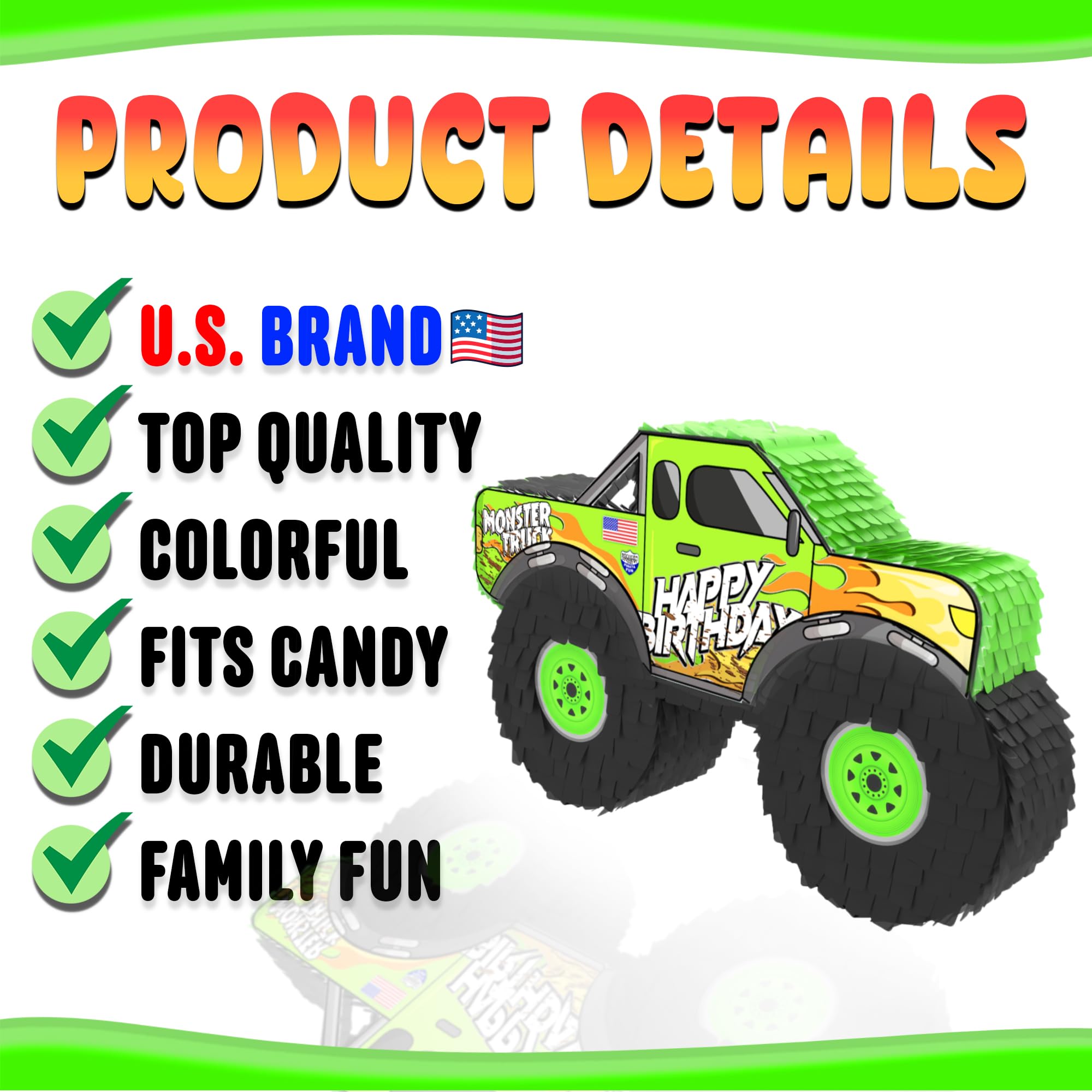 Jergrim Monster Truck Pinata with accessories demonstrates included stick and blindfold for interactive play.