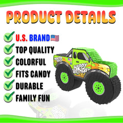 Jergrim Monster Truck Pinata with accessories demonstrates included stick and blindfold for interactive play.