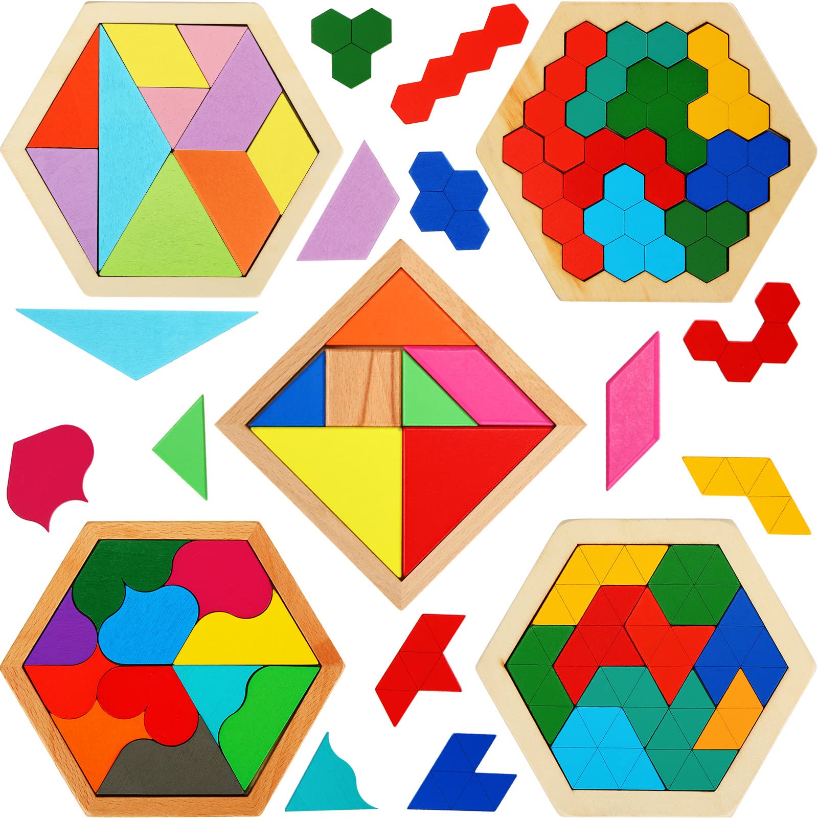 Jerify 5-pack tangram puzzle set with hexagon blocks on a colorful board boosts spatial skills.
