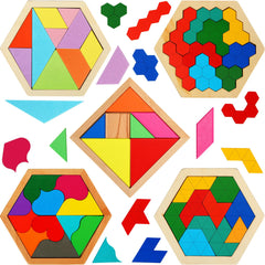 Jerify 5-pack tangram puzzle set with hexagon blocks on a colorful board boosts spatial skills.