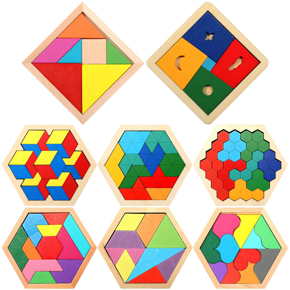 Jerify 8-pack wooden tangrams with colorful pieces for brain-teasing fun