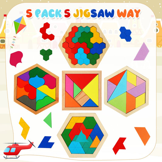 Jerify wooden hexagon puzzle pieces in bright colors support pattern recognition and creativity.