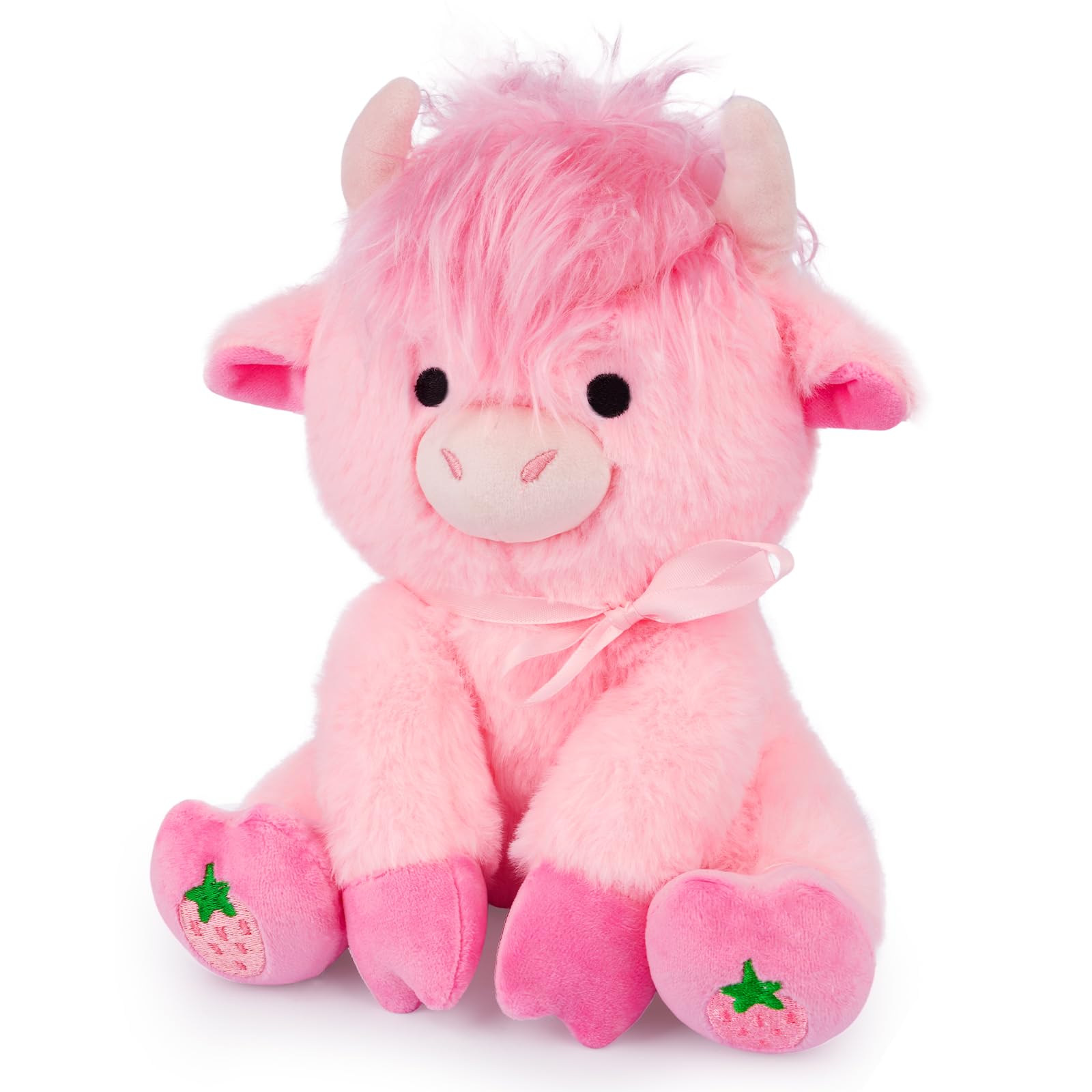 JEROKUMI Highland Cow Plush 8-inch strawberry pink for cozy daily cuddles.