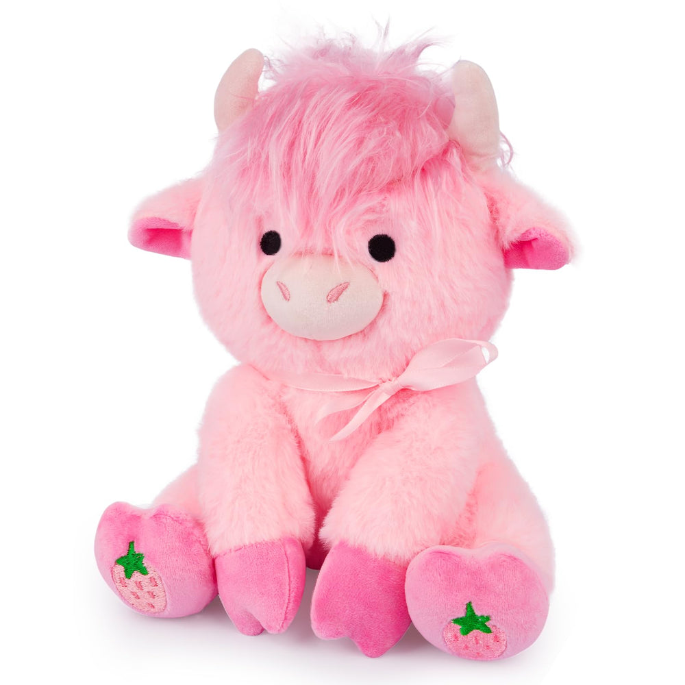 JEROKUMI Highland Cow Plush 8-inch strawberry pink for cozy daily cuddles.