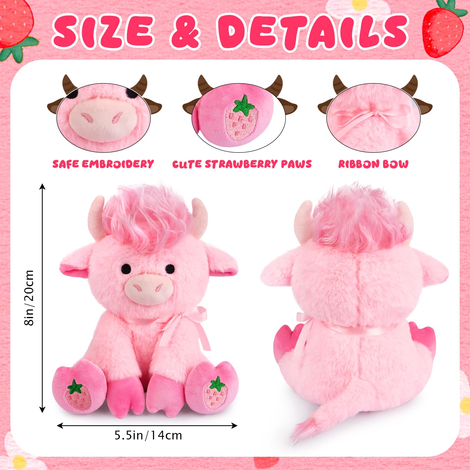 JEROKUMI Highland Cow Plush with ribbon bow adds cute style for imaginative play.