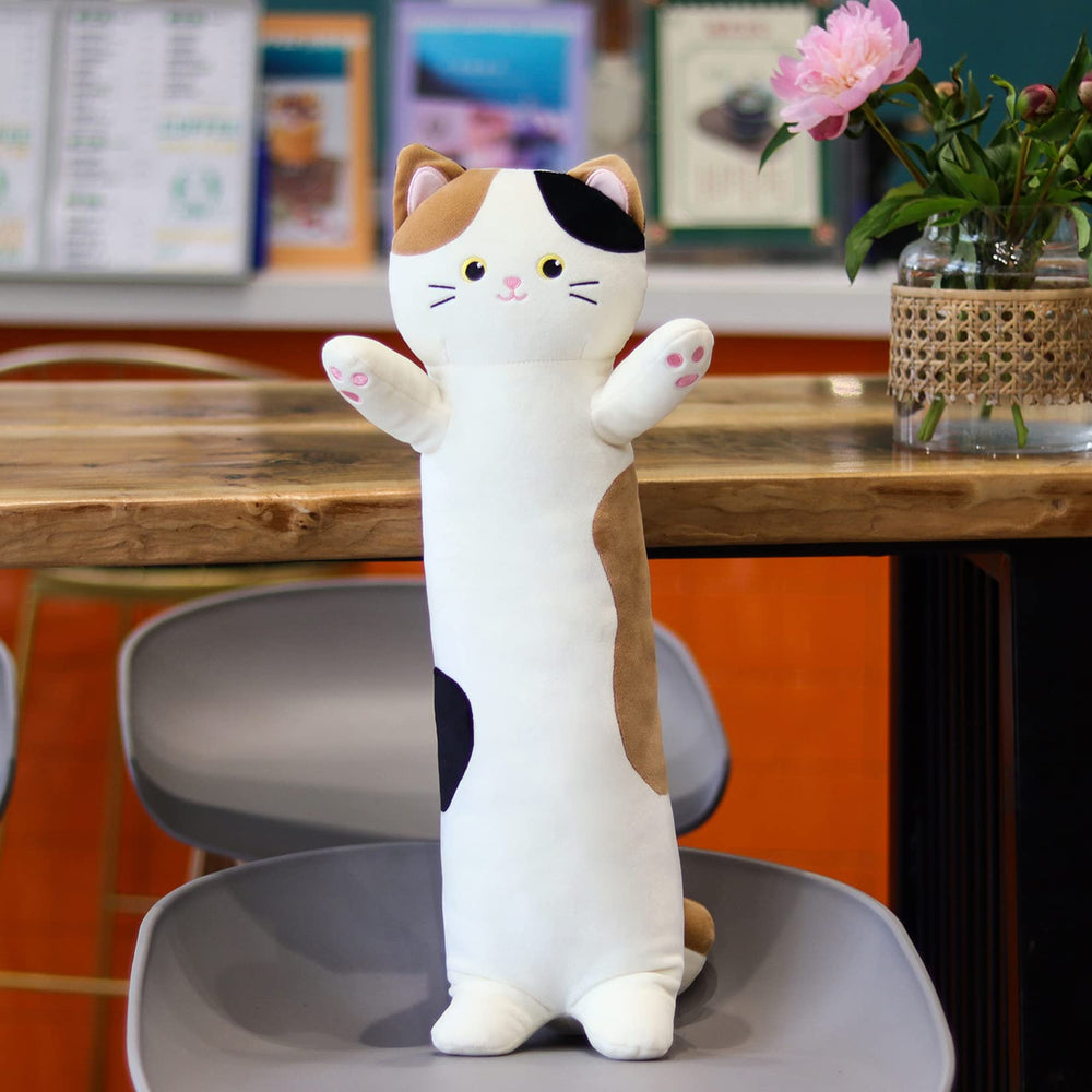 JEROKUMI relaxing plush cat pillow offers nap-support for sofa lounging.