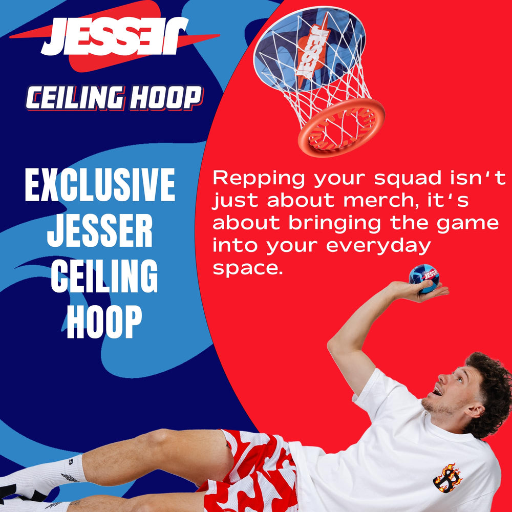 Box contents include ceiling hoop, net, and two foam balls.