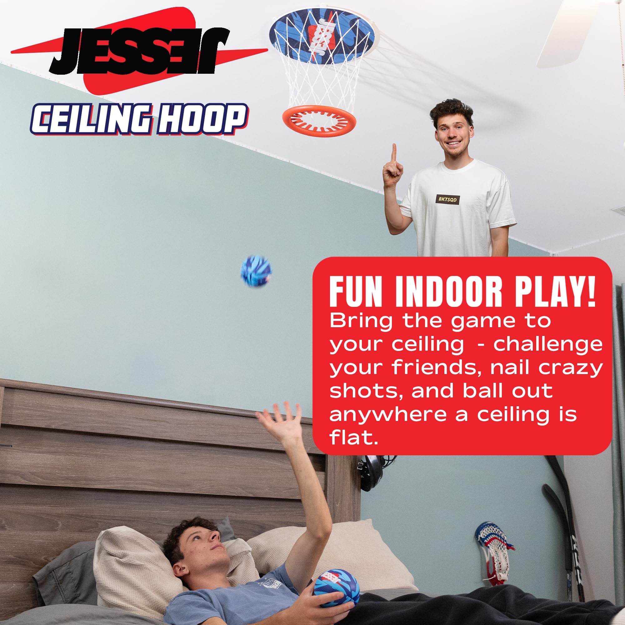 Jesser ceiling hoop mounted securely with 3M strips for mess-free play.