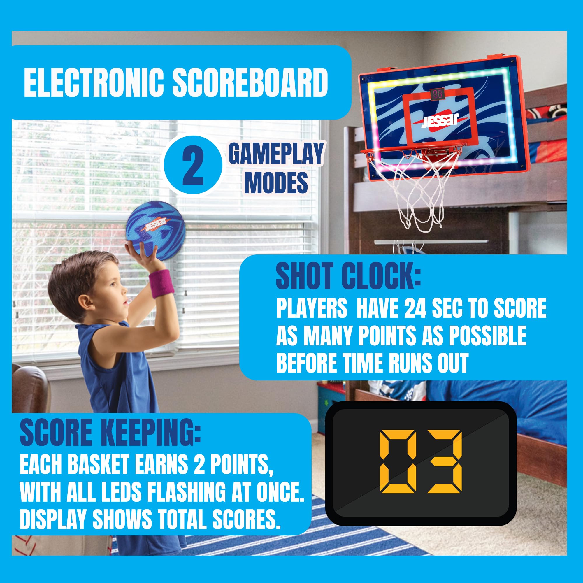 Jesser LED scoring display tracks points in real time for friendly competition.