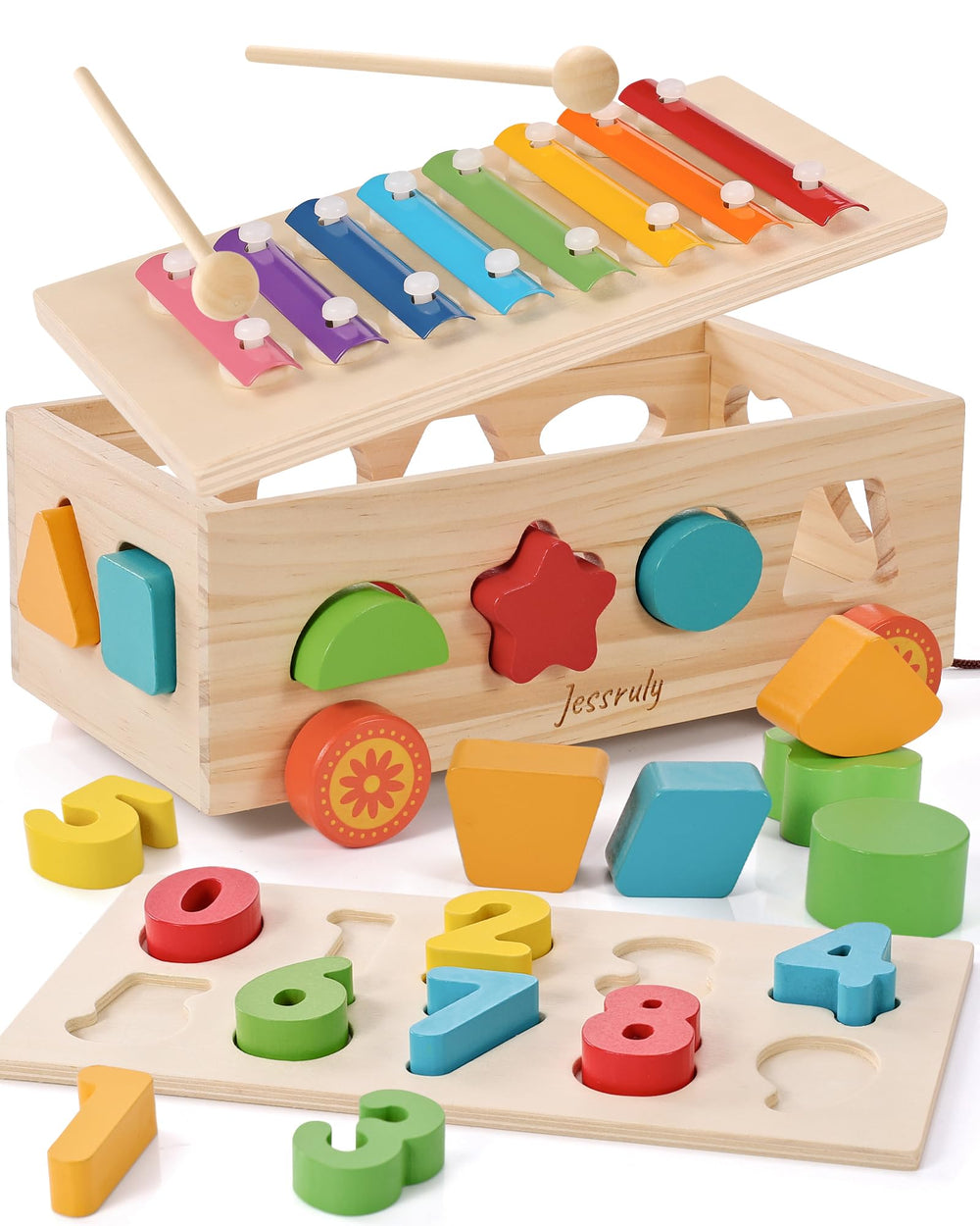 Jessruly Shape Sorter wooden blocks for shape matching and fine motor development.