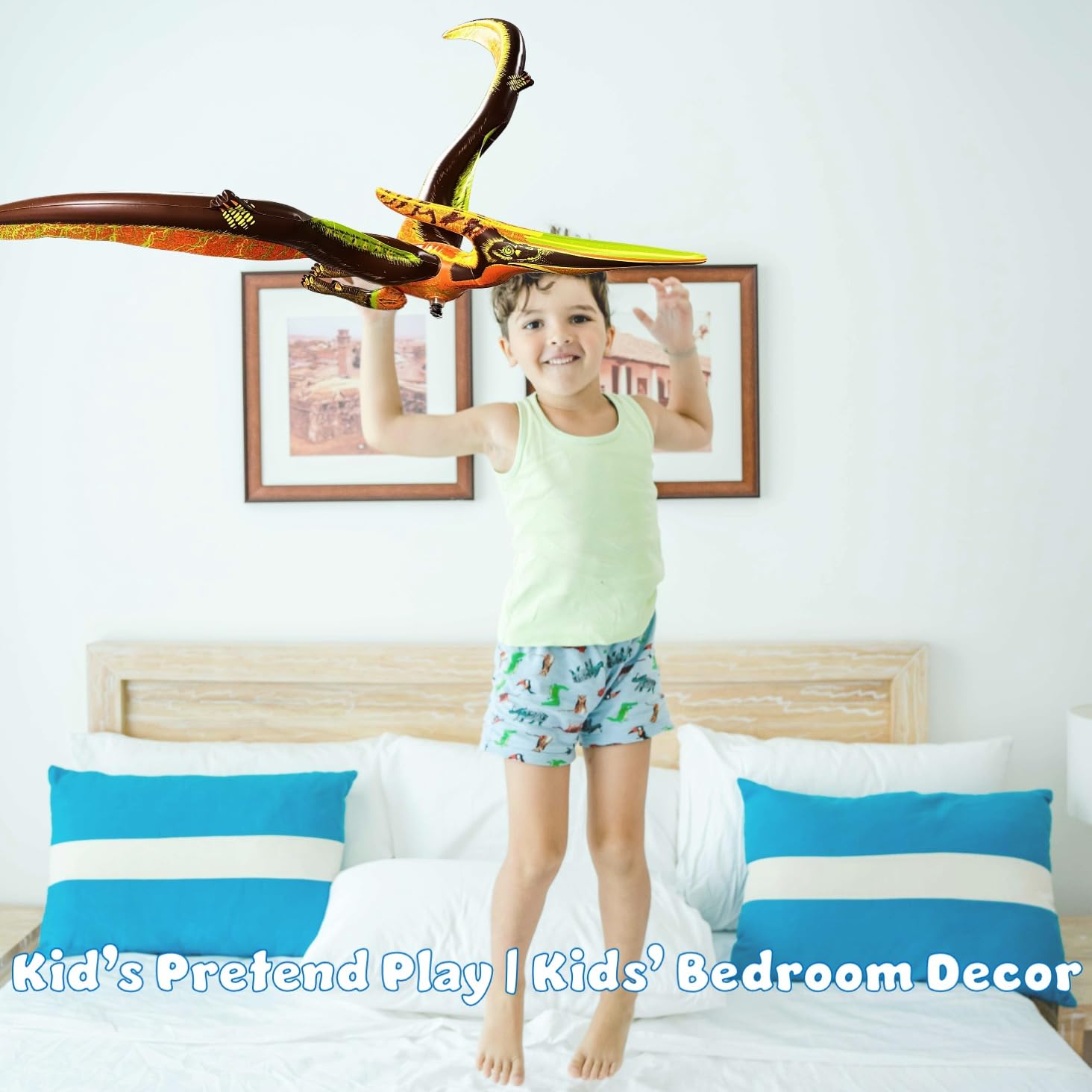 Inflated Pteranodon in a backyard pool setup for family-friendly decor