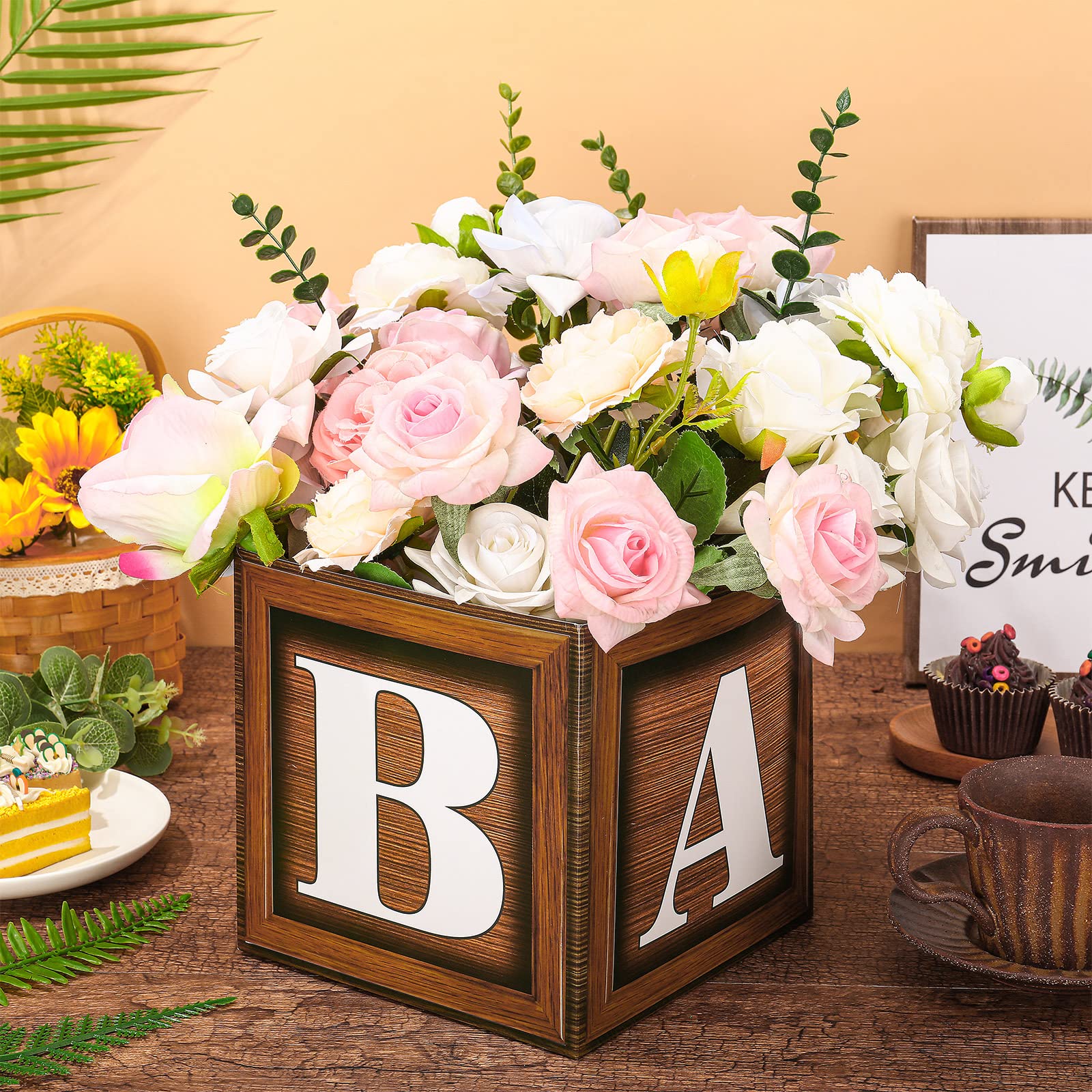 Jetec wooden box centerpiece highlighting flowers for woodland gender reveal decor