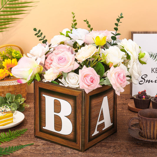 Jetec wooden box centerpiece highlighting flowers for woodland gender reveal decor