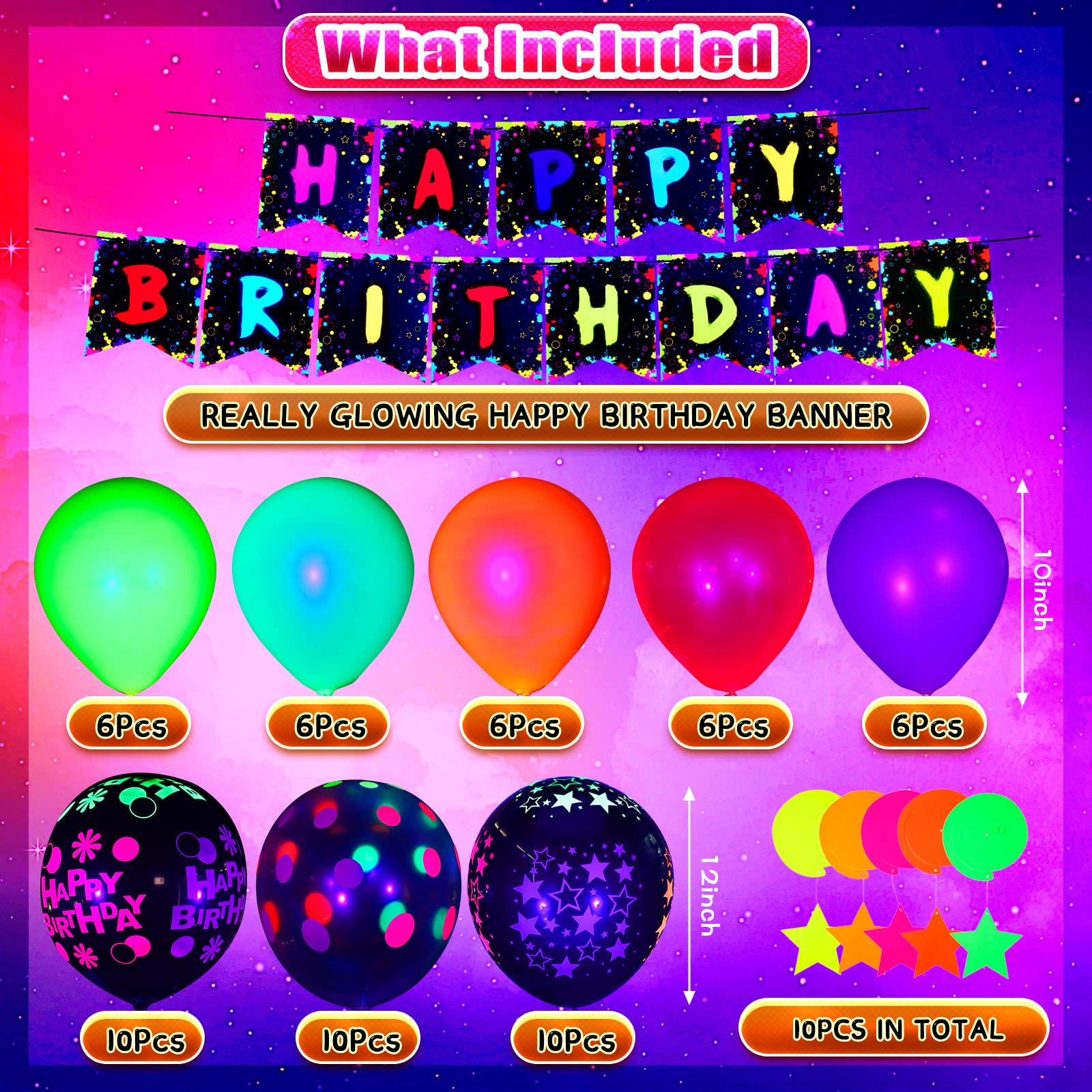 Jetec fluorescent 12in balloons shimmer under UV light for lively photos.
