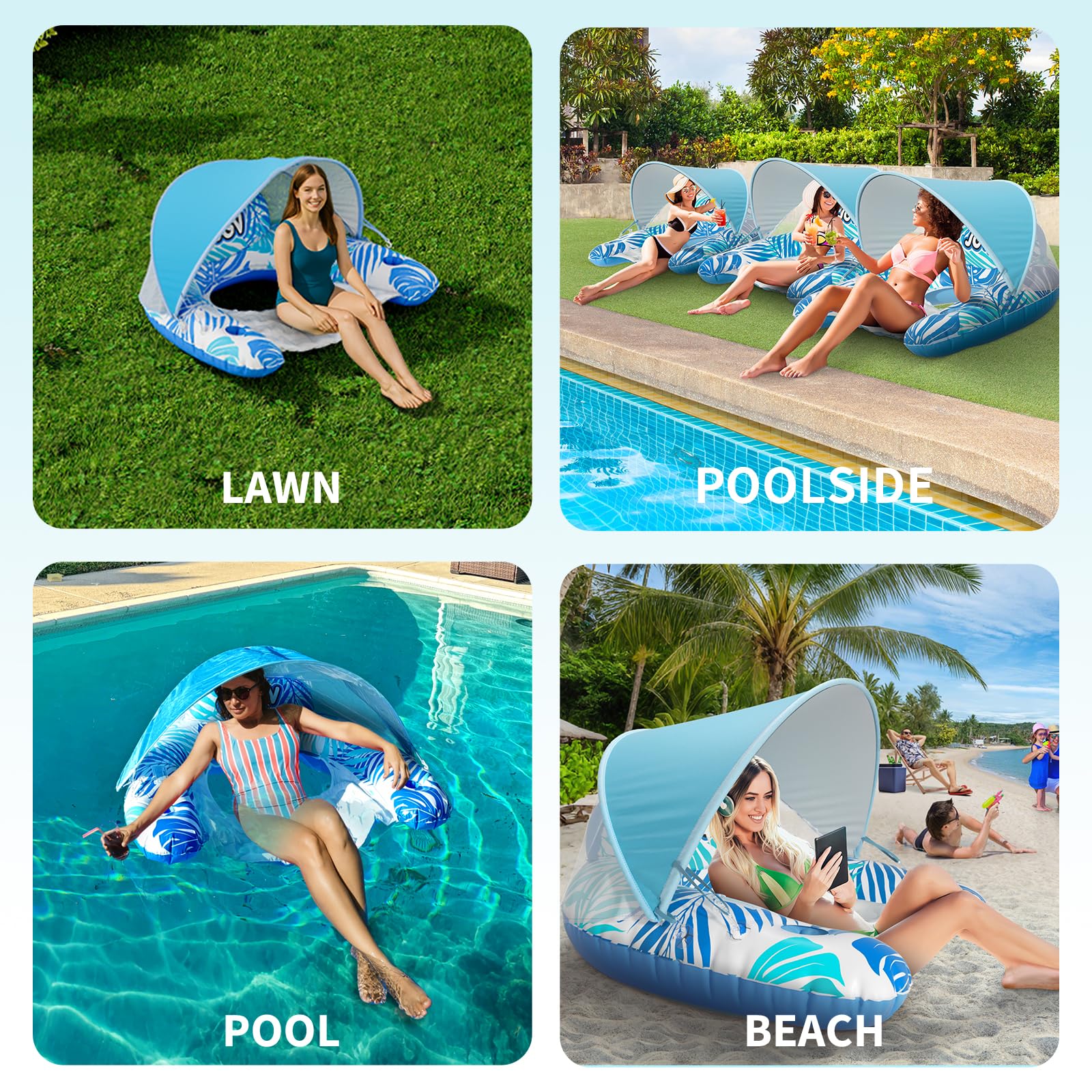 JGV pool float includes dual cup holders for drinks within reach.