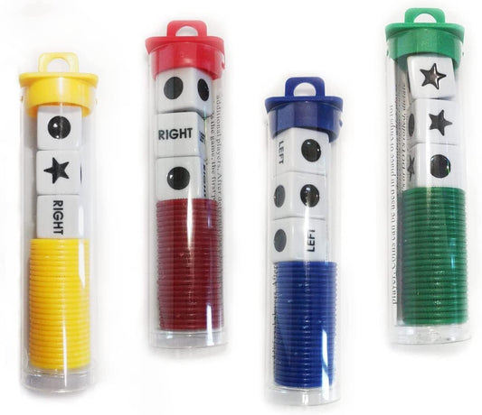 JHFY Left Right Center Prime dice game tube contents ready for quick party fun.