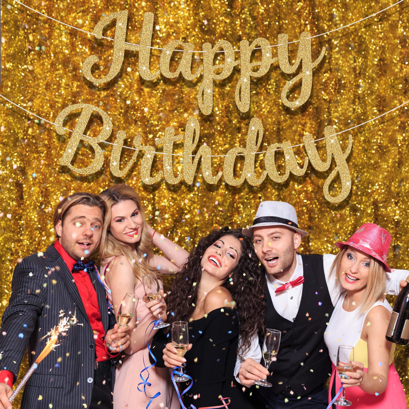 JHZMCRX Birthday wall banner used as a warm backdrop for photos.