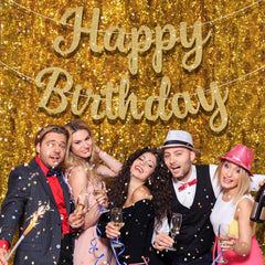 JHZMCRX Birthday wall banner used as a warm backdrop for photos.