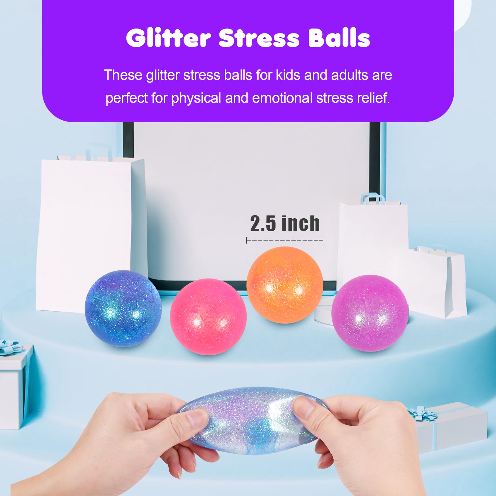 JIACAI glitter sugar ball 3-pack shown from side view for colorful stress relief.