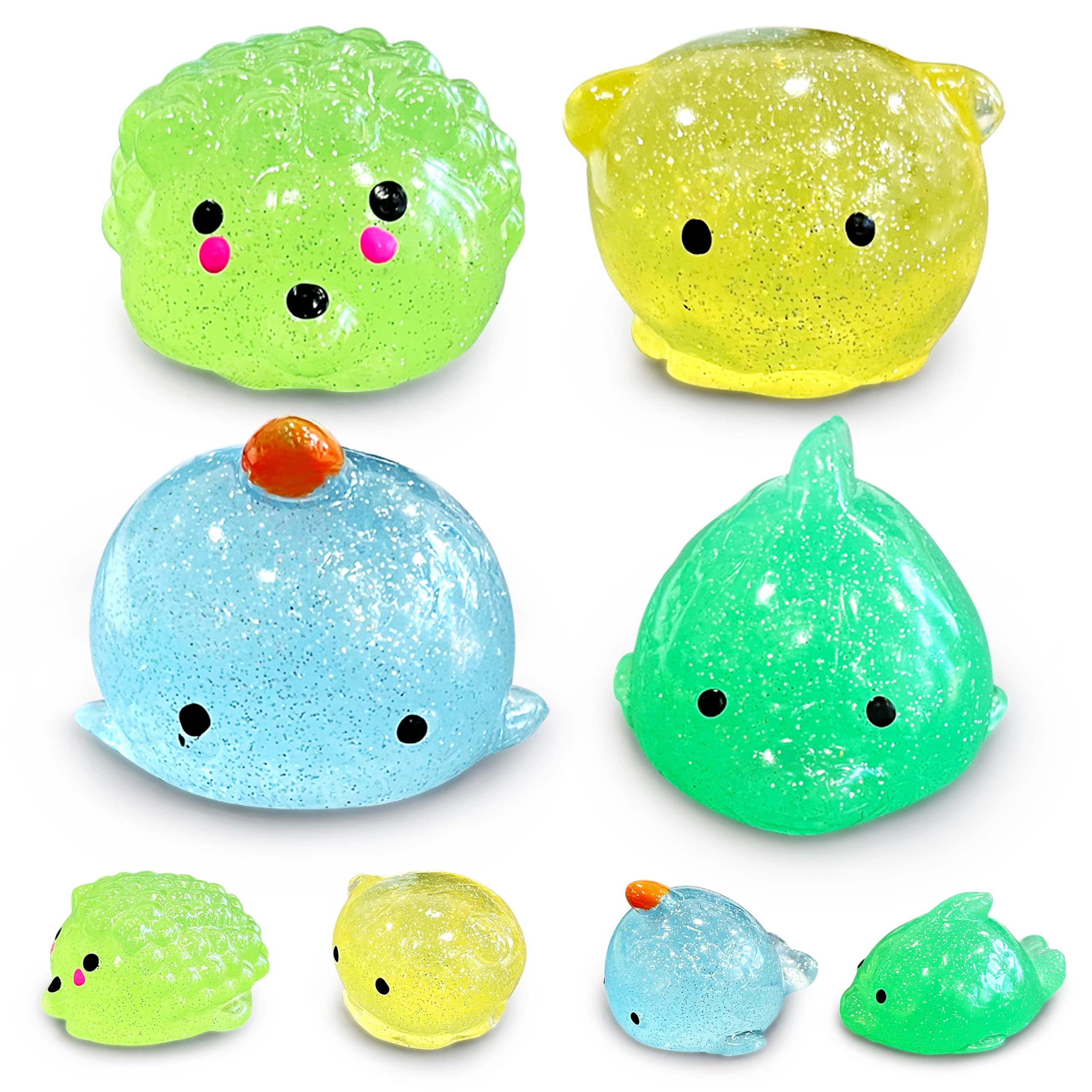 JIAHO dolphin glitter mochi squishy for sensory play and animal recognition.