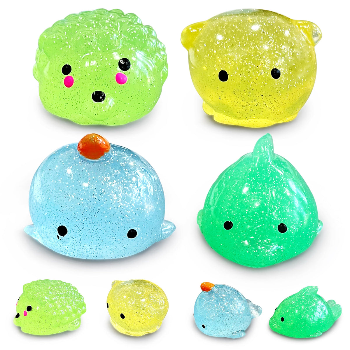 JIAHO dolphin glitter mochi squishy for sensory play and animal recognition.
