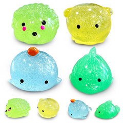 JIAHO dolphin glitter mochi squishy for sensory play and animal recognition.