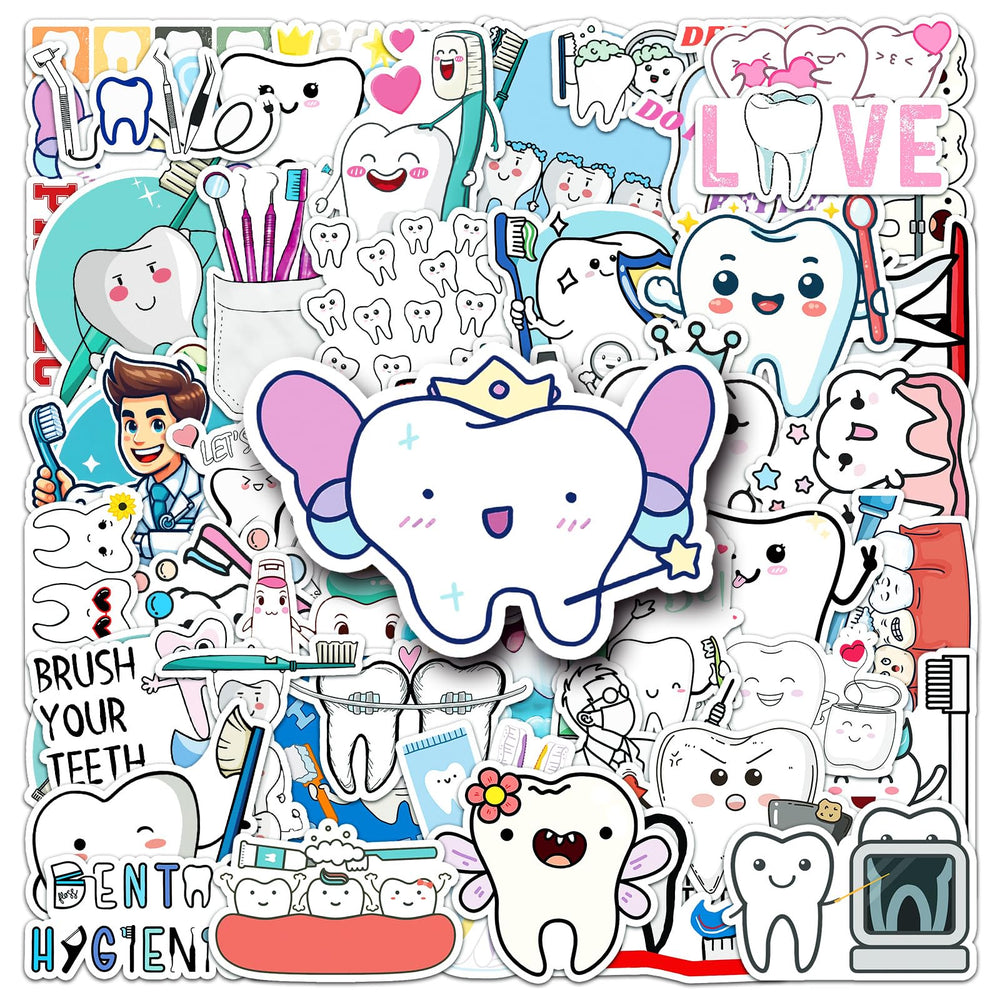 Jictegb Tooth Stickers 50-pack for laptops and personal items, vibrant decoration.