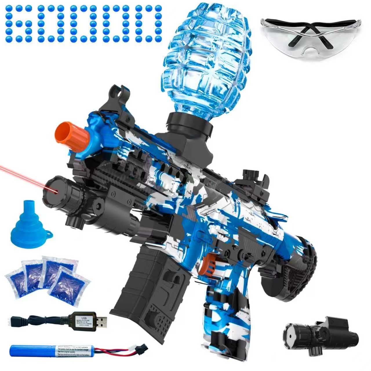 JIFTOK electric gel ball blaster blue front view for outdoor battles.
