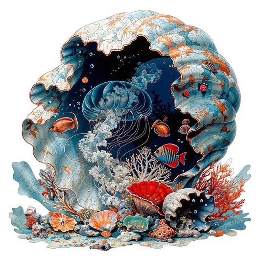 Jigfoxy seashell puzzle 102-piece set in natural wood for adults.