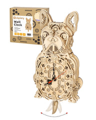 Jigtoy wooden 3D bulldog clock kit close-up of interlocking parts for DIY decor.