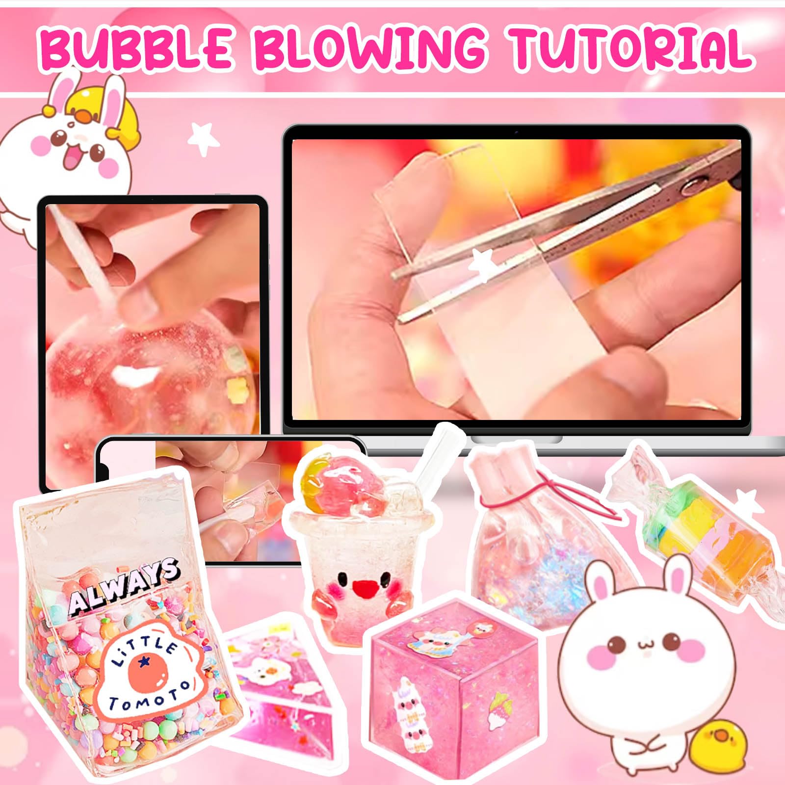 Jimcii nano tape bubble kit bubbles form on any surface during play.