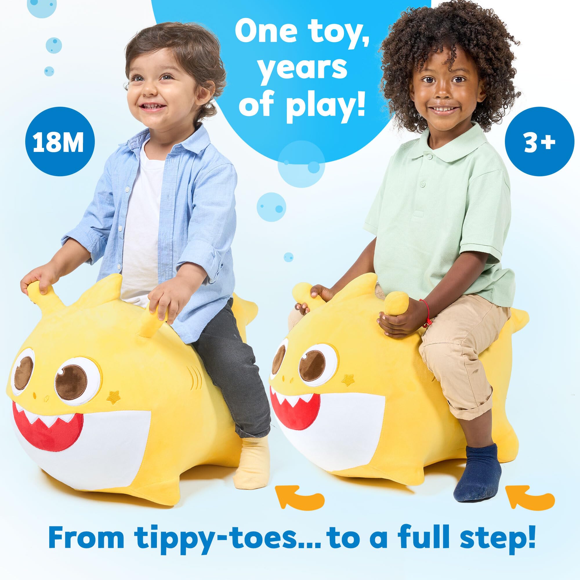 JITTERYGIT Baby Shark Bouncy Hopper for indoor and outdoor use supports versatile adventures.