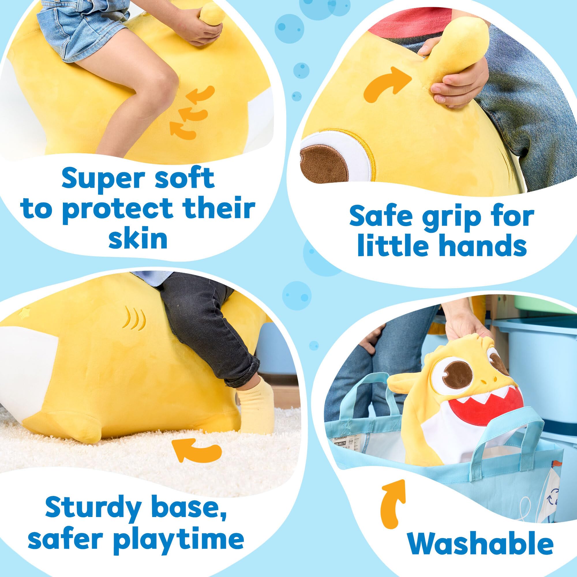 JITTERYGIT Baby Shark Bouncy Hopper musical buttons illustrate interactive singing during play.