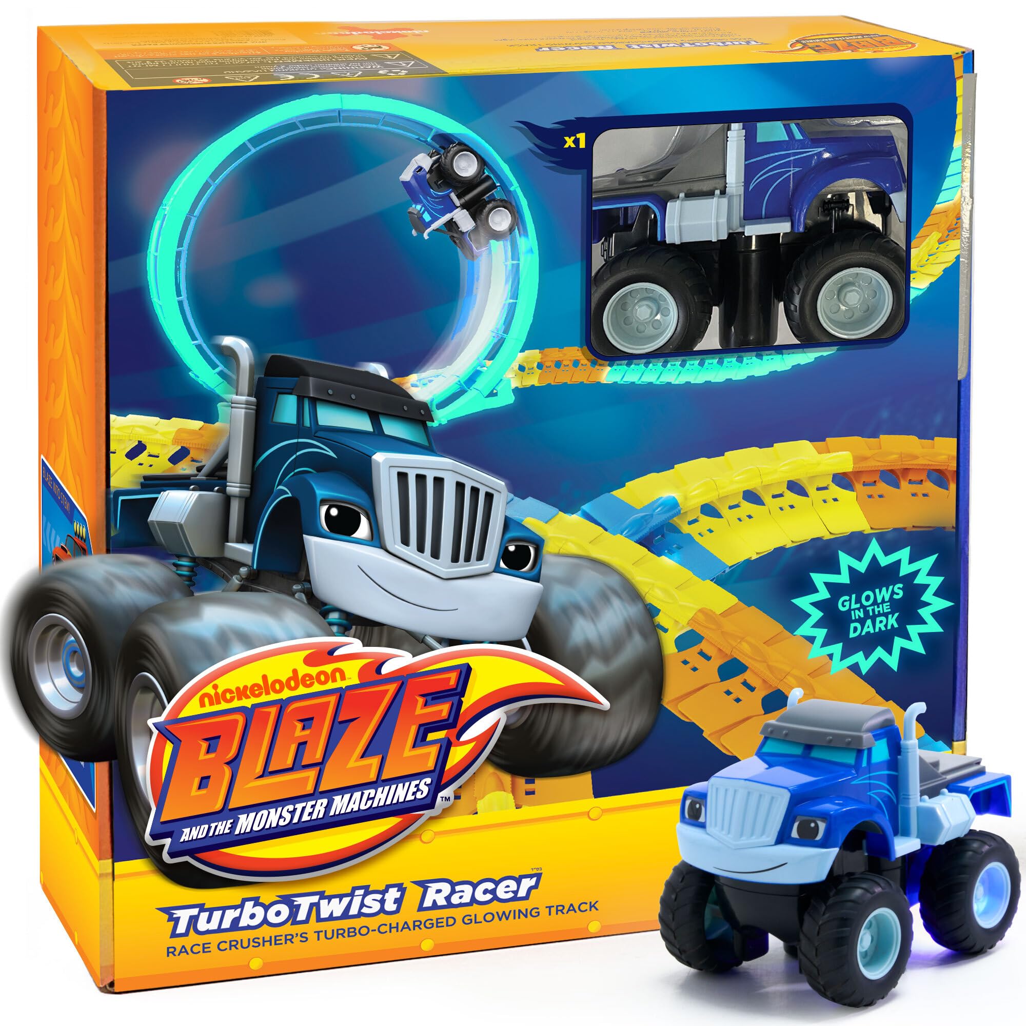 JITTERYGIT Blaze TurboTwist Racer on blue track with glowing lights for vivid action.