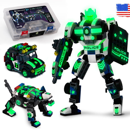 JITTERYGIT Robot Police Mech glow-dark set boosts imaginative play with glow accents.