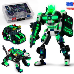 JITTERYGIT Robot Police Mech glow-dark set boosts imaginative play with glow accents.