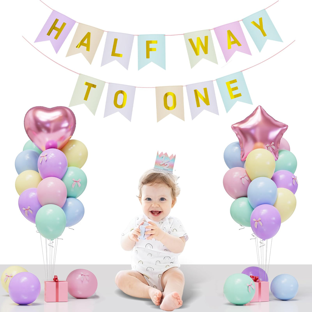 JIUENAGCN Half Way To One banner with pastel tones for chic half-birthday celebrations.