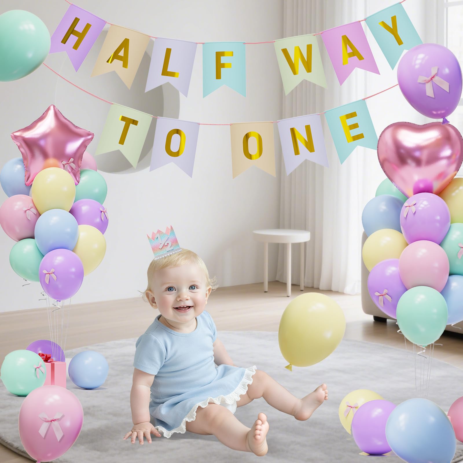JIUENAGCN pink heart foil balloon adds sweet ambience to a half birthday setup.