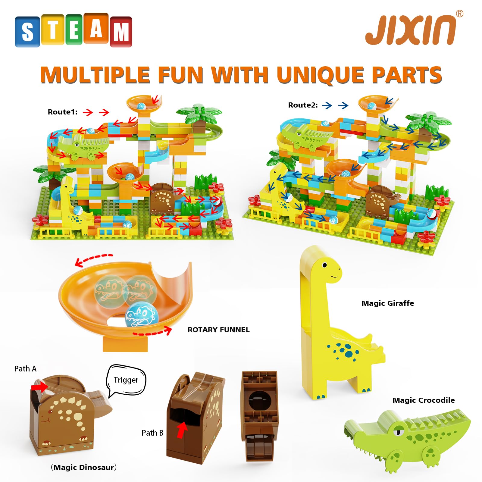 JIXIN dinosaur marble launcher action captures fast, thrilling runs.