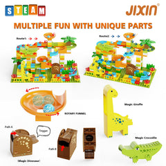 JIXIN dinosaur marble launcher action captures fast, thrilling runs.