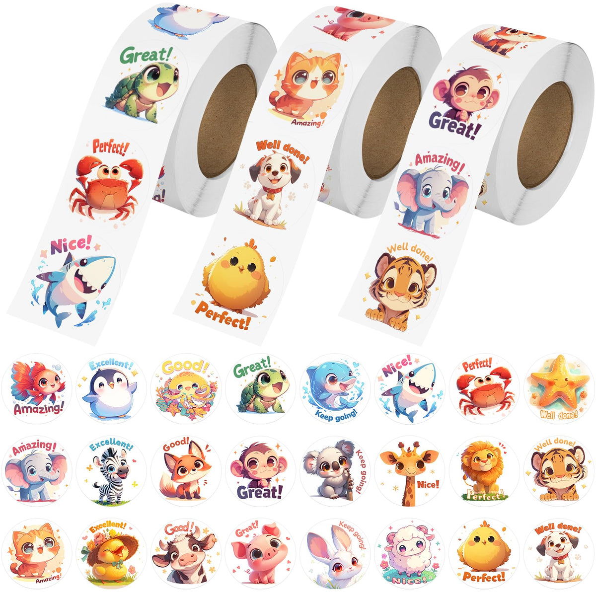 JIXZEN 1.5-inch animal sticker rolls with bright colors for classroom rewards