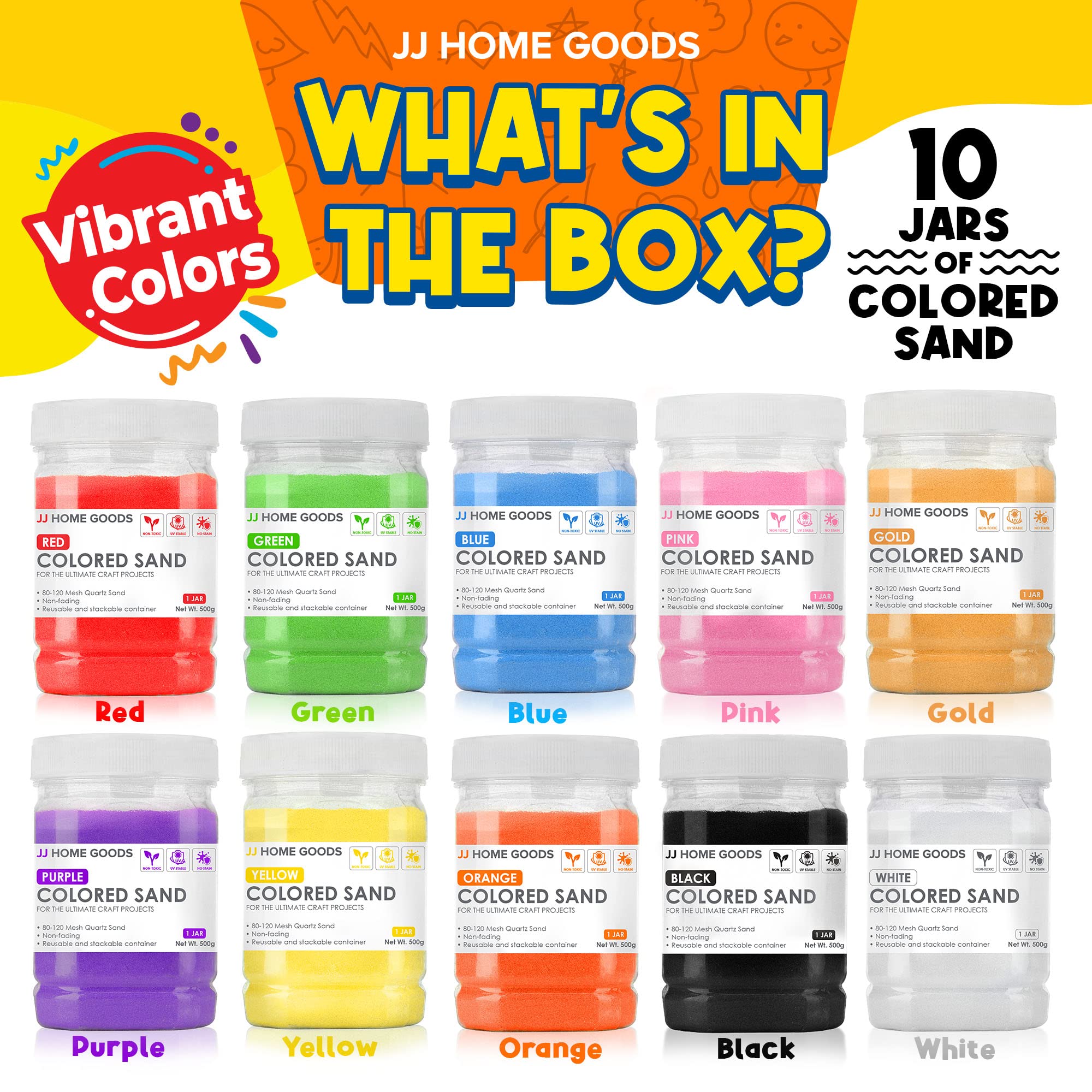 JJ CARE ten-color sand jars showcasing tidy storage and easy pouring